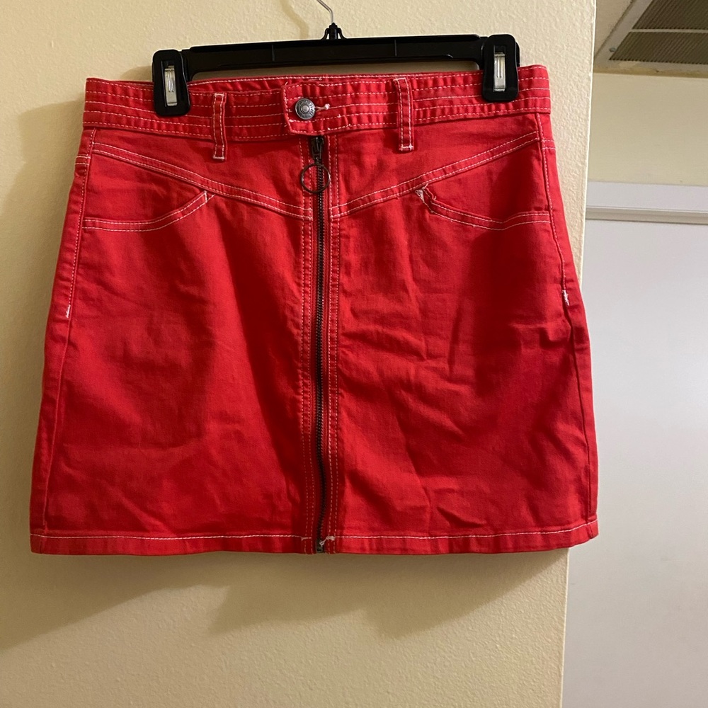 Red zip up demin skirt
